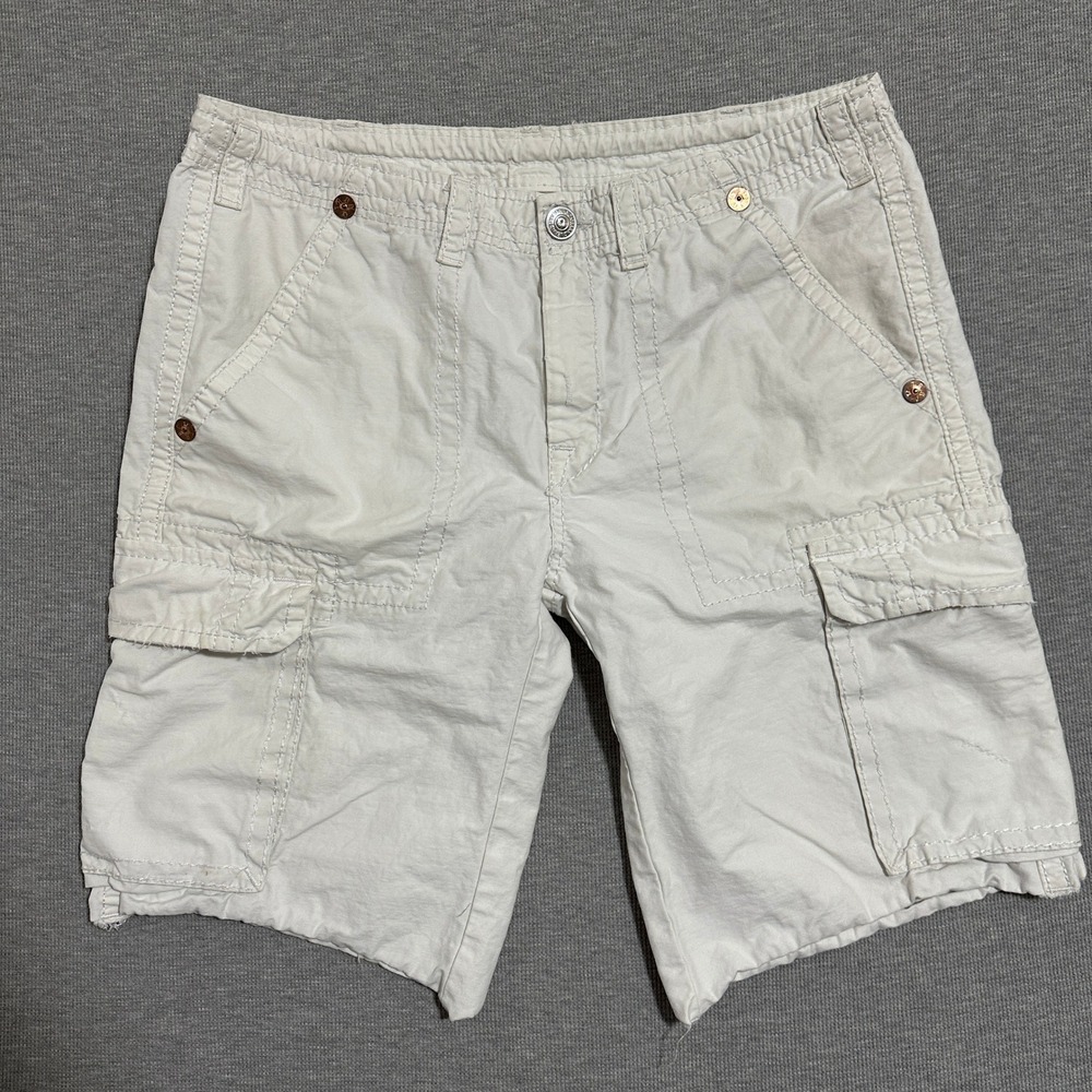 Y2K True Religion Cargo Shorts Mens Size 38 White Contrast Stitch Buddha Logos
